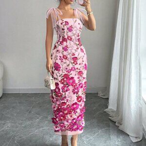 Hot Pink Elegant Women's Mesh 3d Flower print Strap tie Maxi Dress